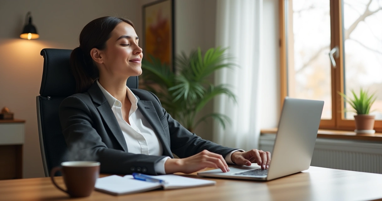 Pessoa sentada em uma cadeira de escritório, olhos fechados, fazendo uma pausa tranquila na mesa de trabalho 