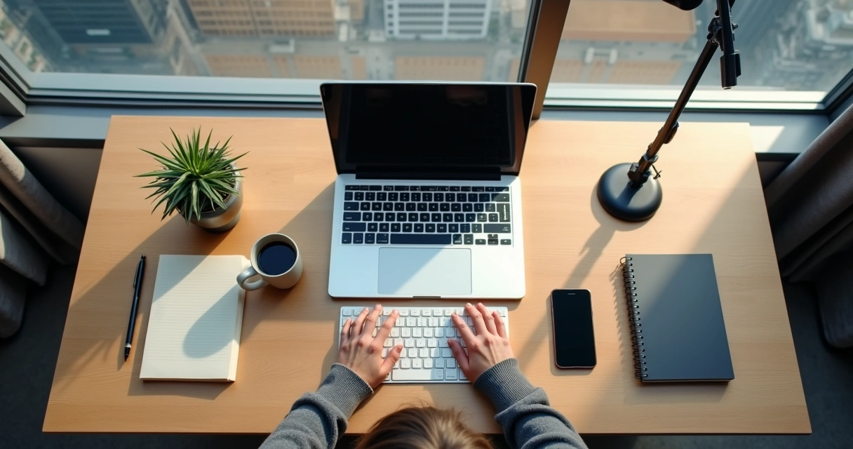 Mesa de trabalho com pausa consciente e mãos repousadas 