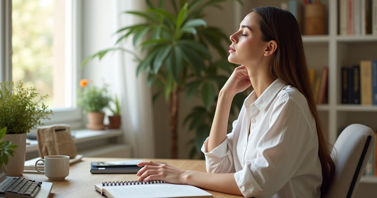 Pessoa em home office fazendo pausa consciente perto do notebook 