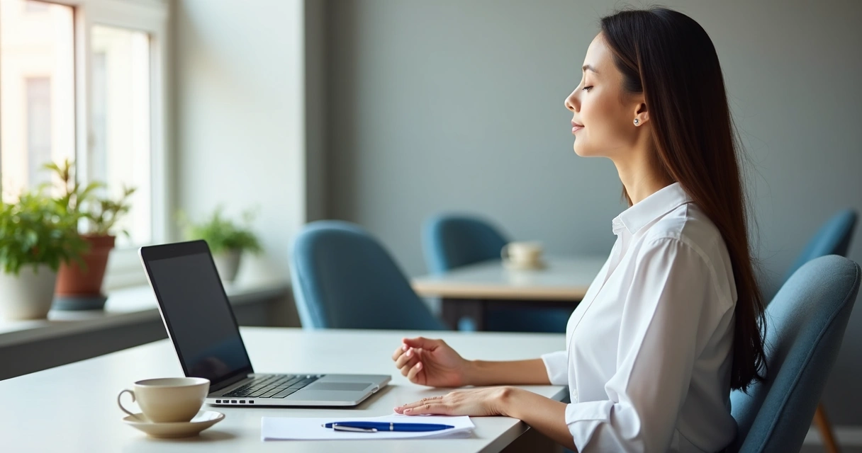 Pessoa fazendo pausa consciente antes de voltar ao trabalho 
