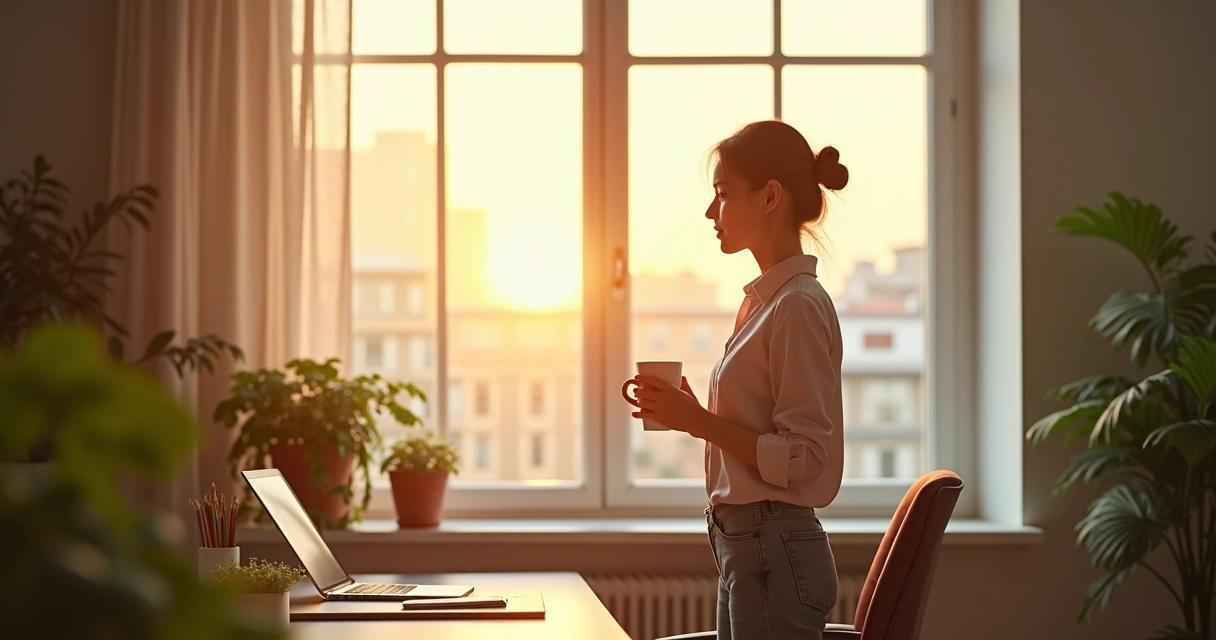 Pessoa fazendo pausa consciente durante o trabalho, olhando pela janela com xícara nas mãos 