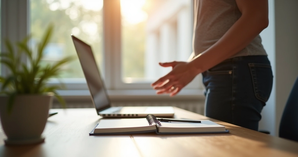 Pessoa em pausa consciente perto da mesa de trabalho