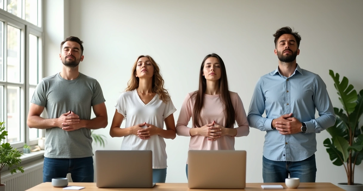 Grupo de pessoas fazendo respiração consciente juntos 