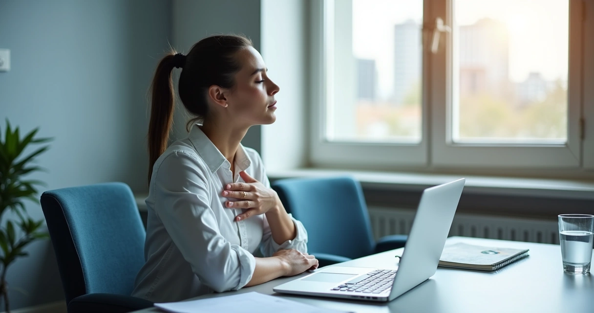 Pessoa em pausa consciente diante do computador com mãos no peito 
