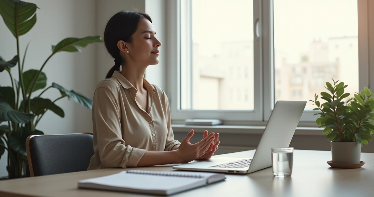 Pessoa fazendo pausa consciente em mesa de trabalho