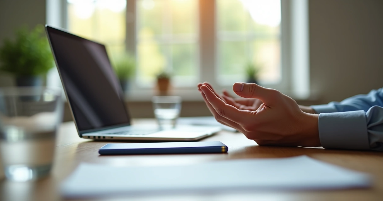Manos descansando sobre un escritorio durante una pausa consciente en la oficina