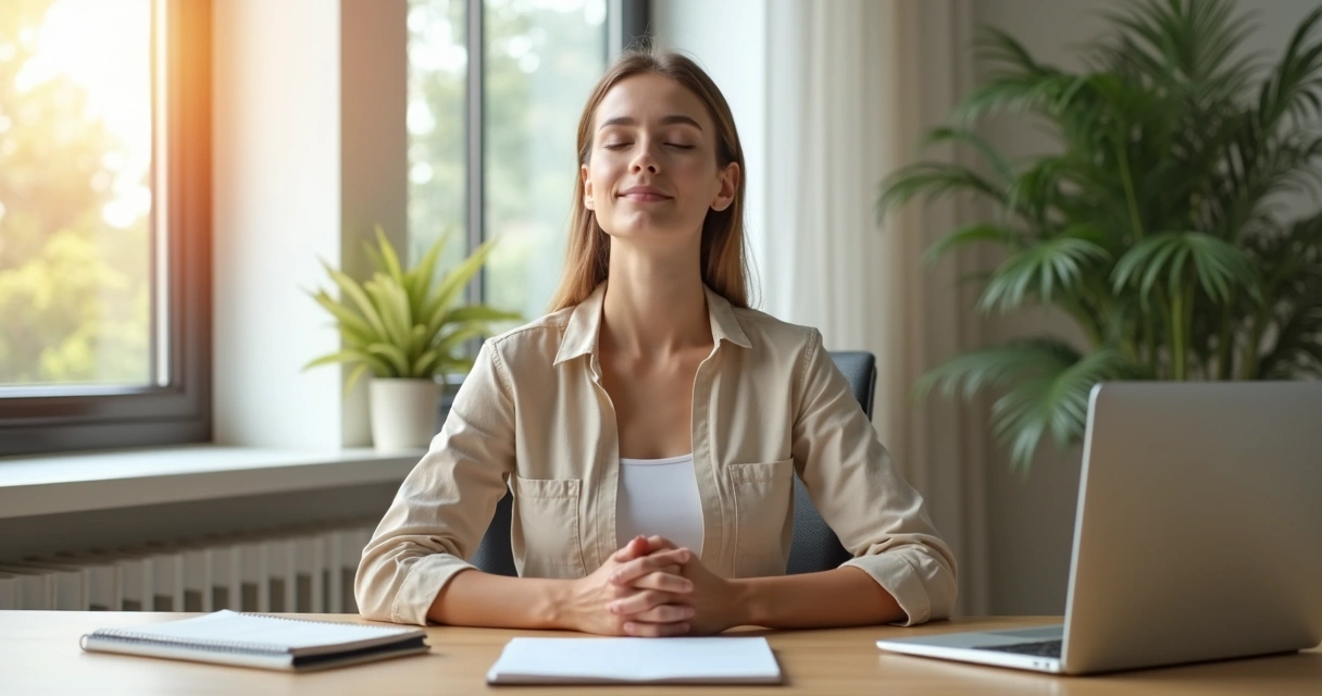 Persona haciendo una pausa consciente en una oficina luminosa 