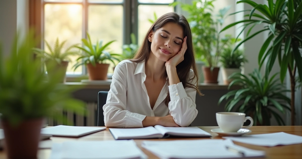 Persona con ropa formal toma una pausa en escritorio con ventana al fondo y plantas 