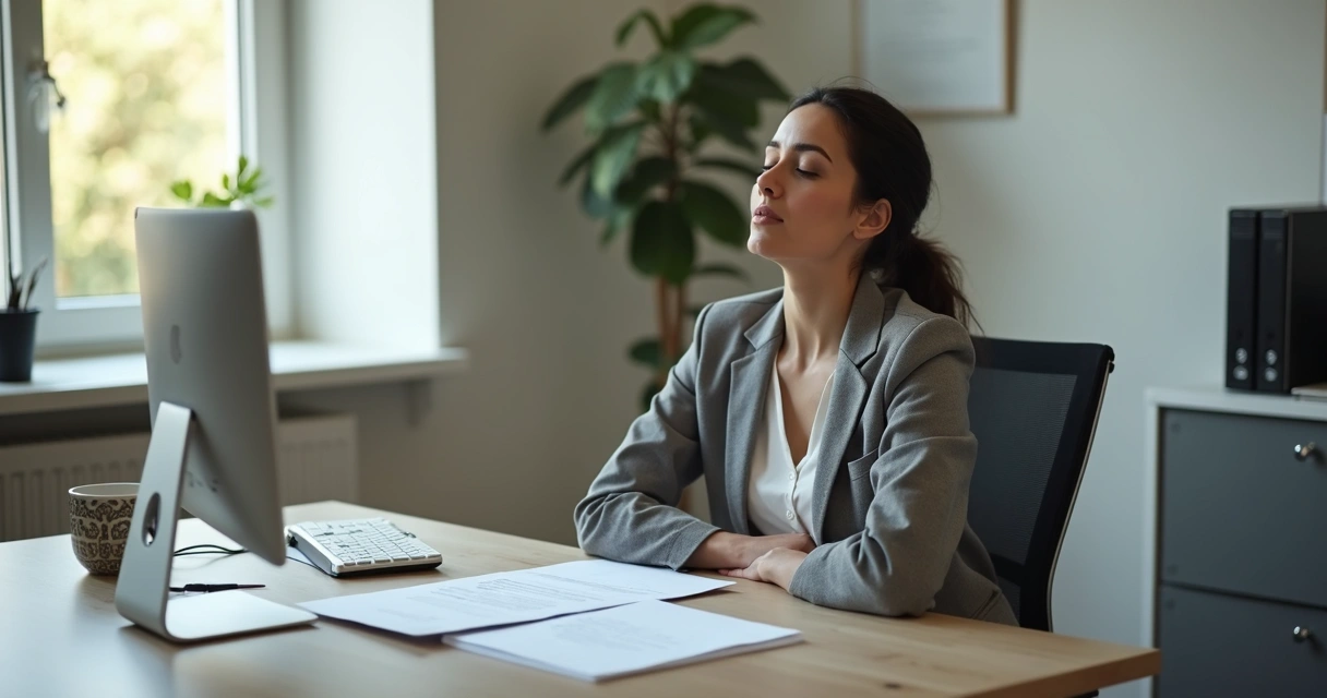 Persona sentada en un escritorio de oficina cerrando los ojos y respirando profundamente