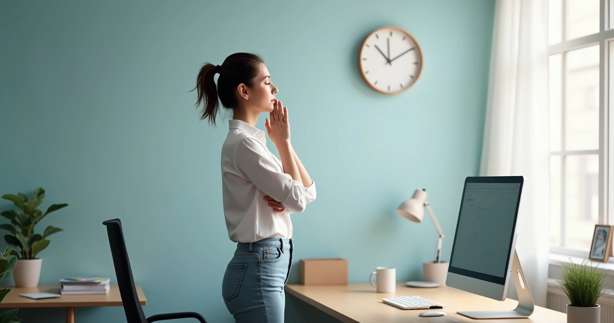 Pausa consciente en oficina con respiración y estiramiento