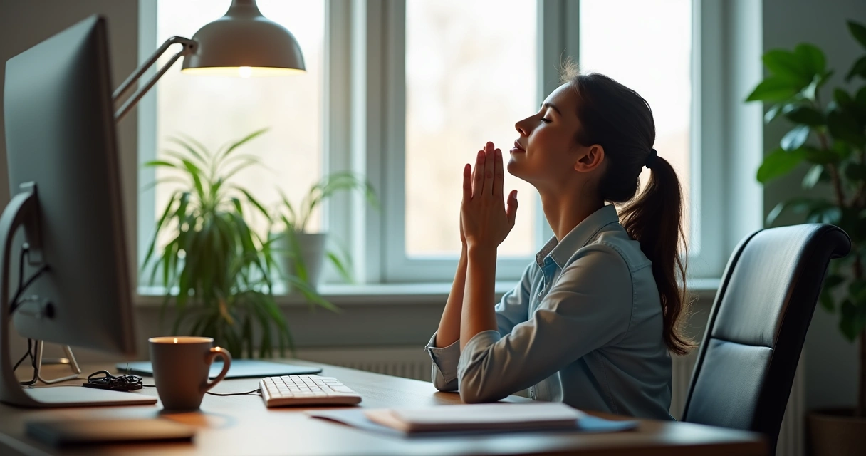 Persona sentada frente a una computadora, ojos cerrados y respirando profundo, en una oficina tranquila 