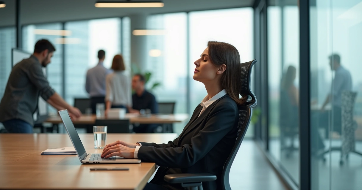 Profesional en oficina moderna con ojos cerrados tomando una pausa consciente 