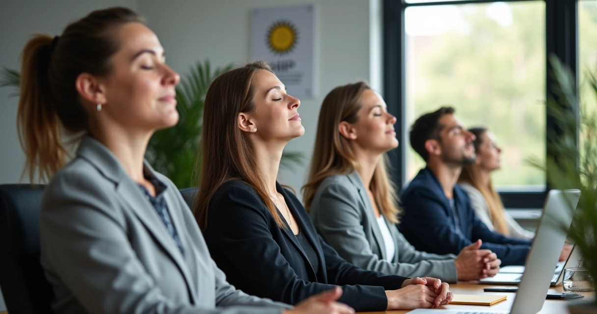 Grupo fazendo exercício de respiração juntos em uma sala de trabalho 