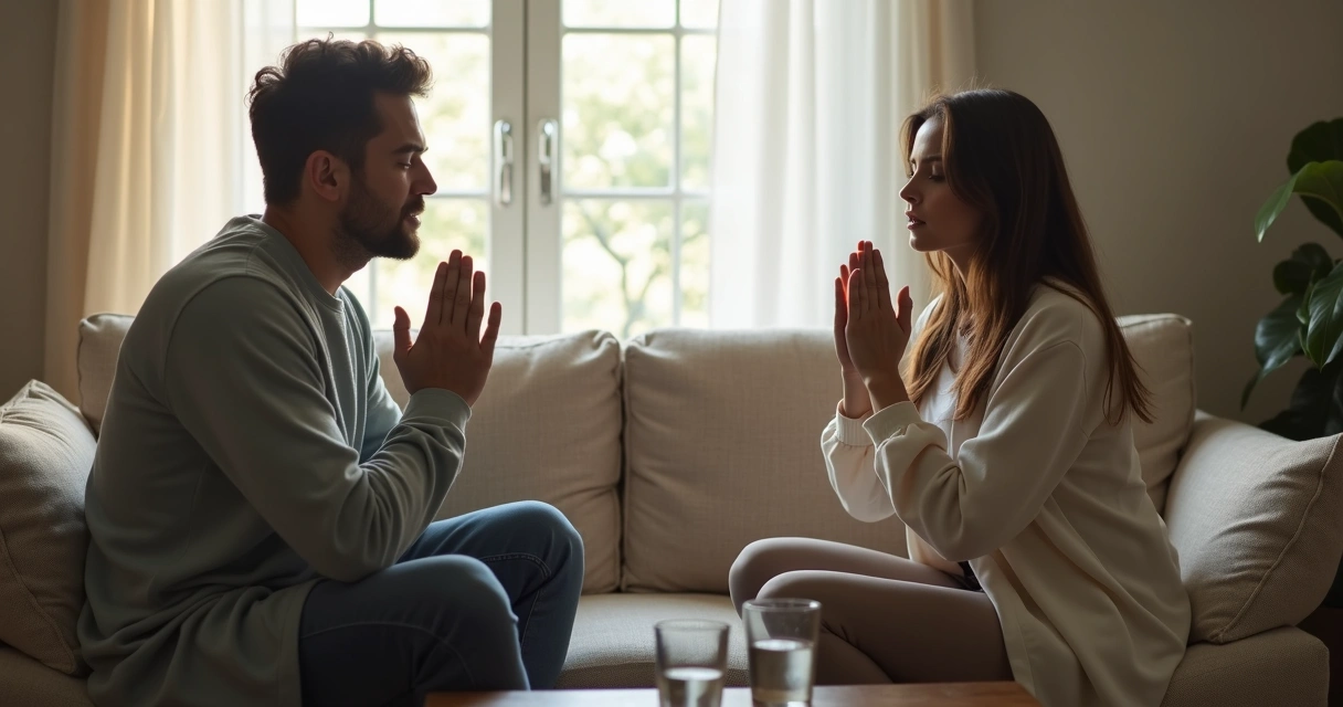 Pareja sentada en silencio tras una pausa consciente en casa 
