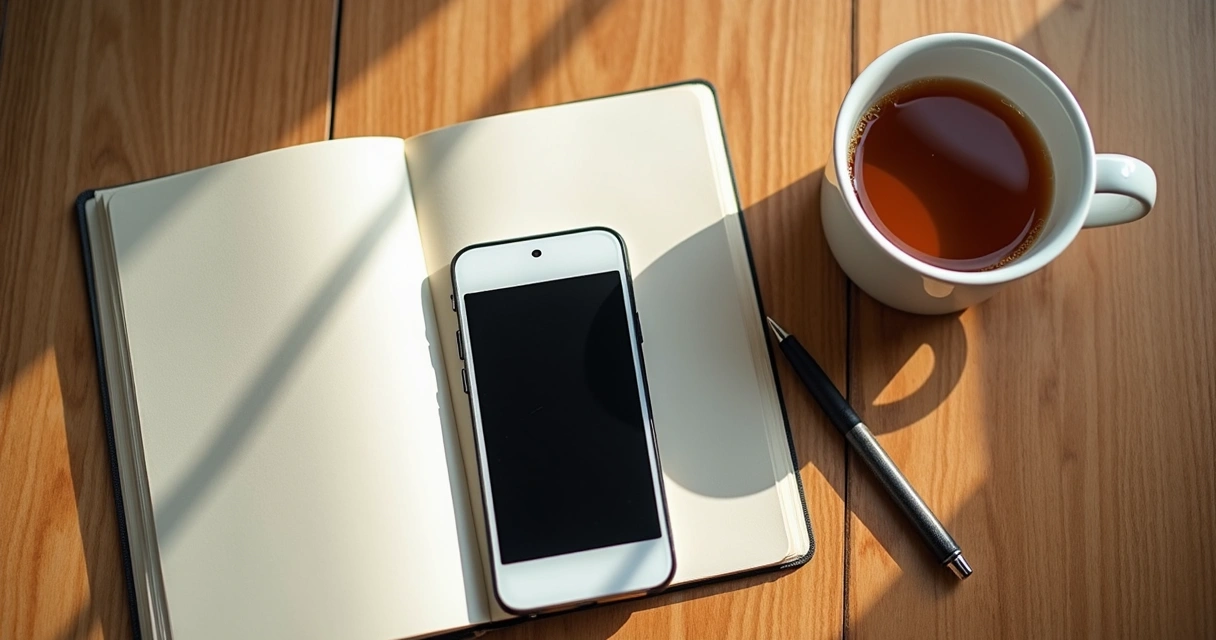 Celular sobre mesa ao lado de caderno e xícara em momento de pausa 