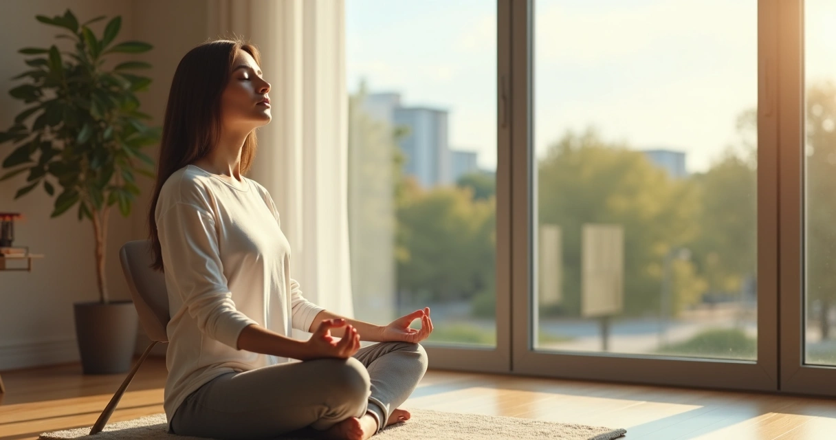 Persona sentada en calma junto a una ventana practicando una pausa consciente 