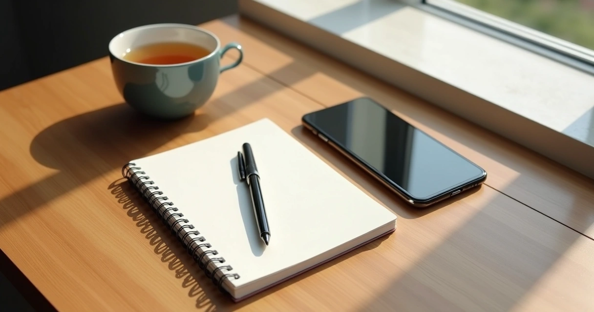 Caderno e celular desligado sobre mesa com luz natural 