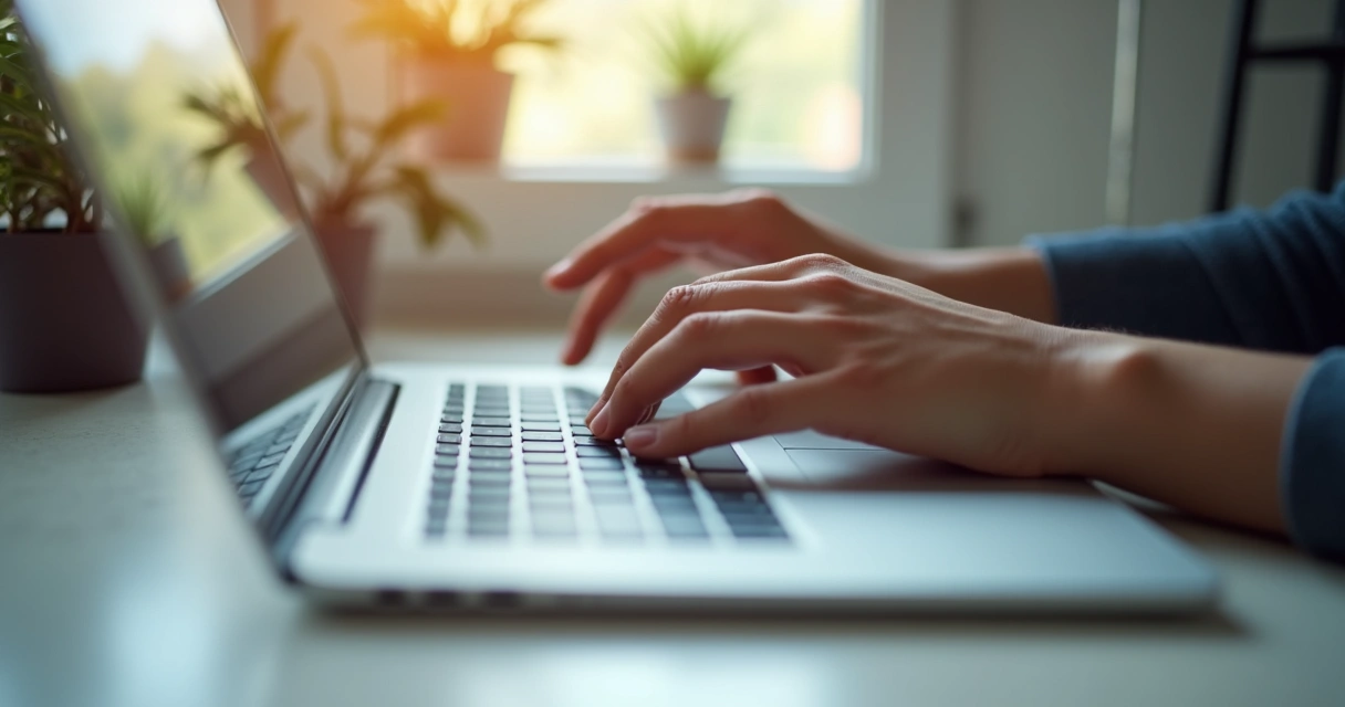 Mão de uma pessoa parada sobre teclado de notebook, refletindo antes de digitar