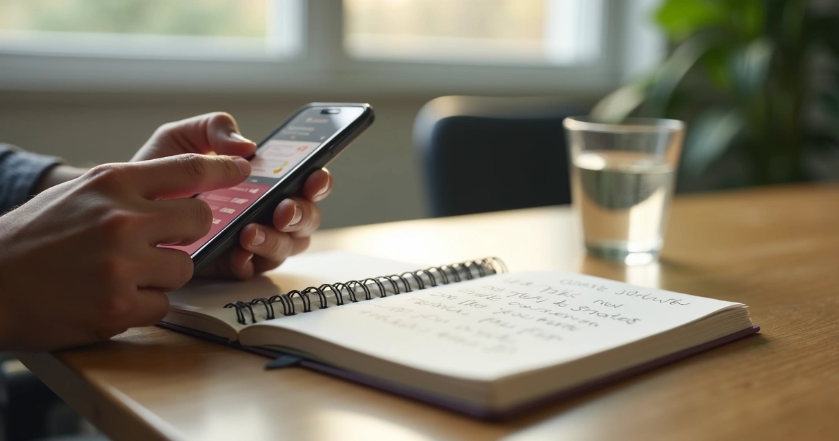 Mão pausando celular ao lado de caderno aberto 