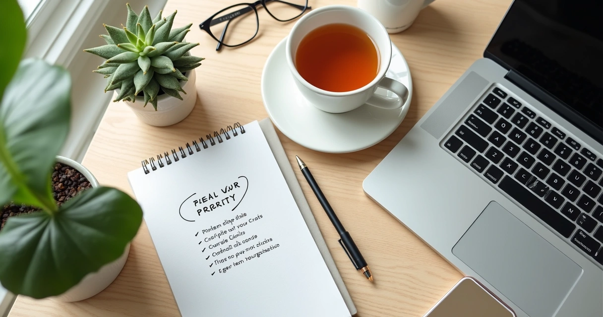 Escritorio ordenado con taza y libreta durante una pausa laboral