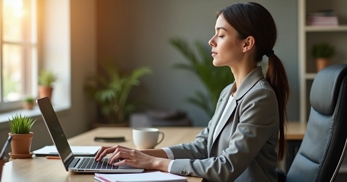 Profissional fazendo pausa consciente diante do notebook no escritório