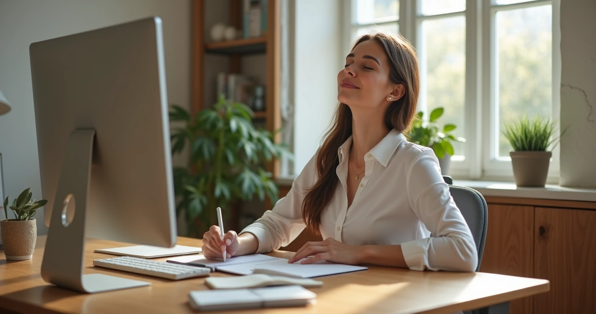 Pessoa sentada à mesa do escritório com olhos fechados e mãos apoiadas, fazendo uma pequena pausa consciente 