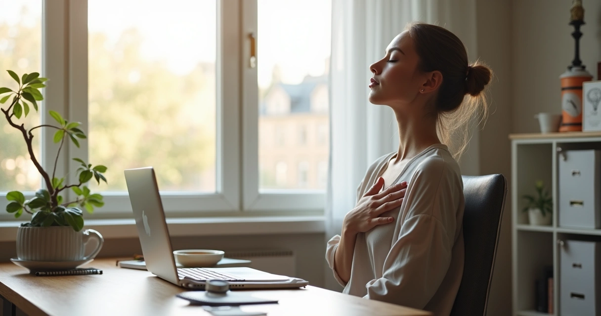 Pessoa fazendo pausa consciente na mesa de trabalho