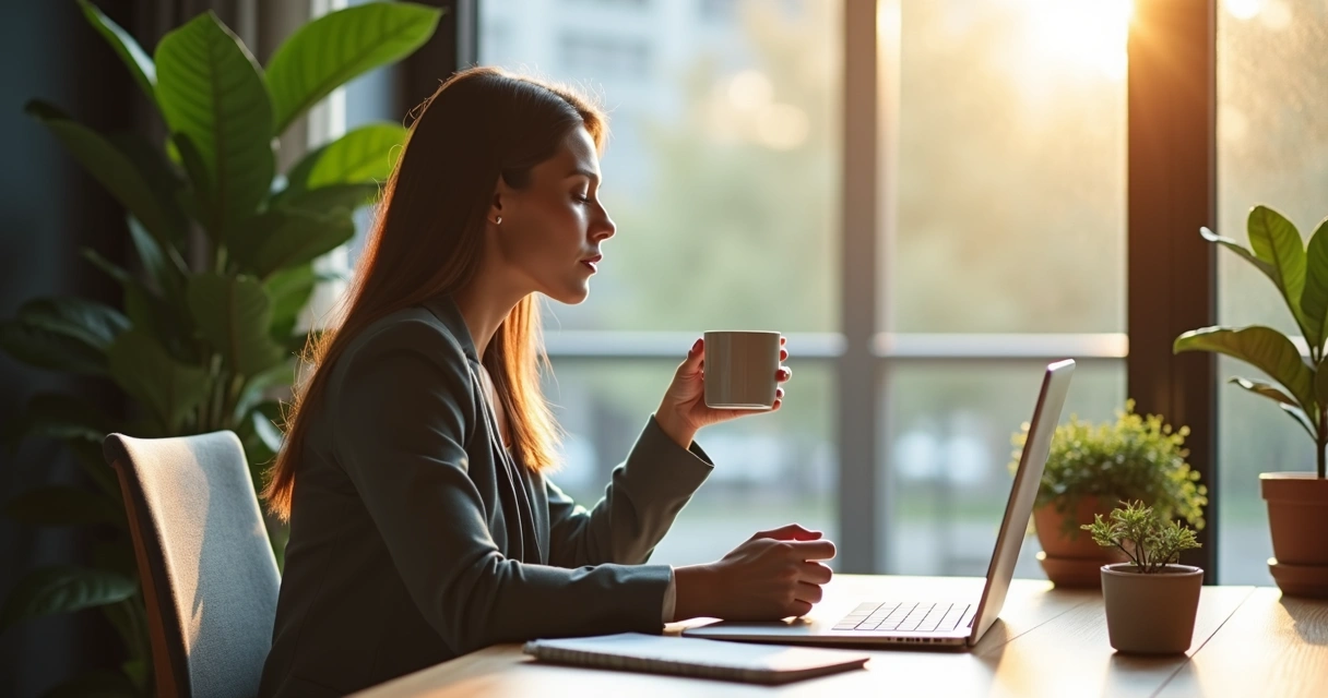 Profissional sentado à mesa fazendo pausa consciente com xícara de café perto de janela. 