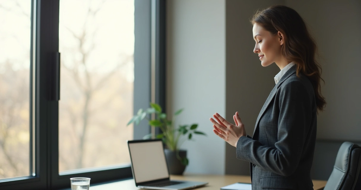 Pessoa em pausa consciente diante da janela no trabalho 