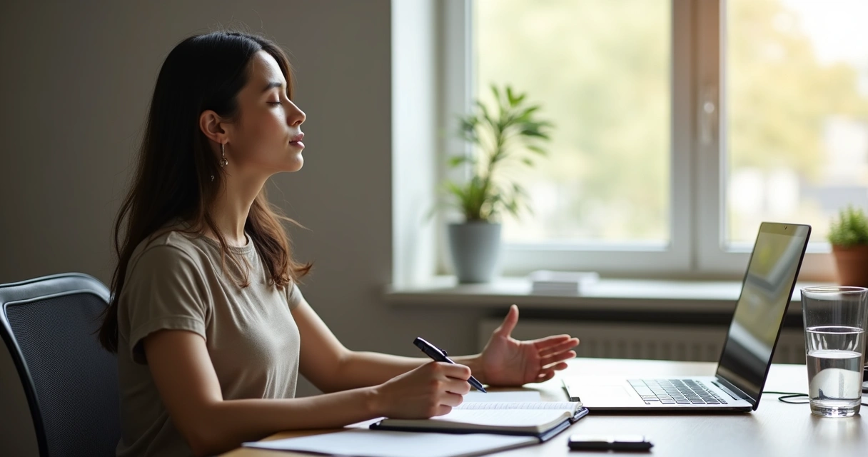 Pessoa fazendo pausa breve em mesa de trabalho organizada 