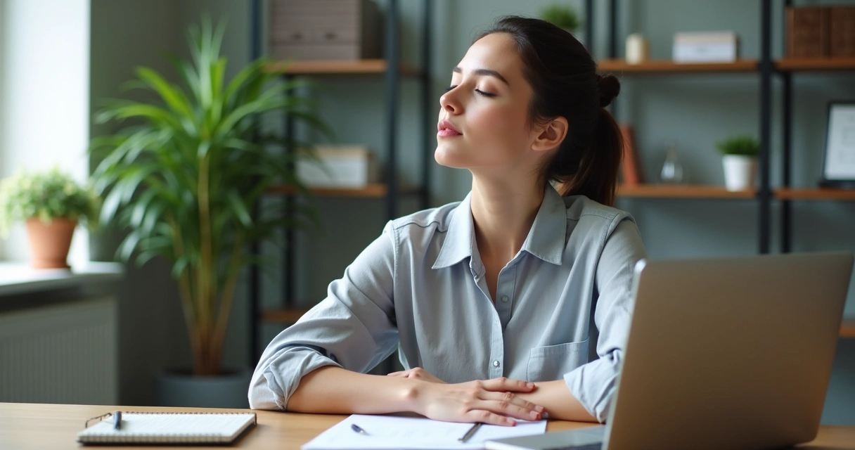 Pessoa fazendo pausa consciente no trabalho em mesa com notebook 