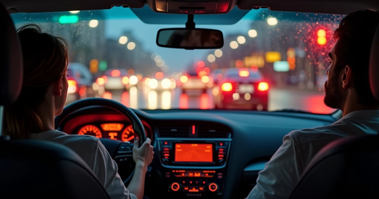 Motorista em semáforo vermelho respirando fundo dentro do carro à noite 
