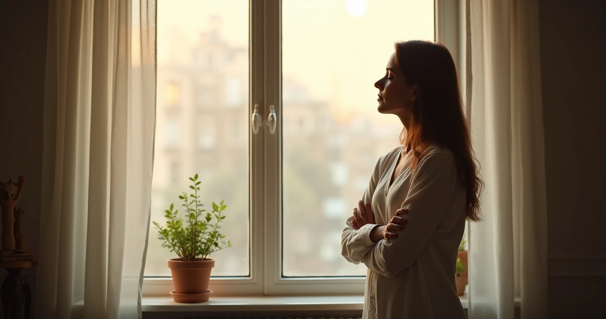 Persona mirando por la ventana tomando una pausa intencionada 