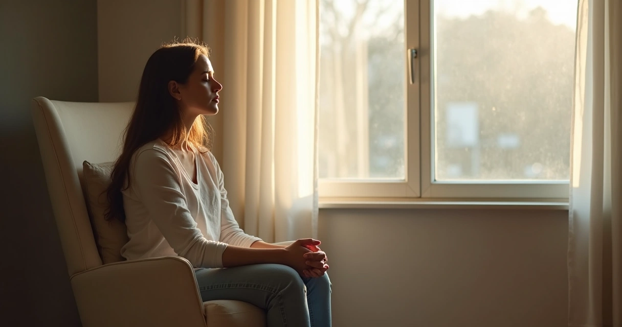 Persona sentada junto a una ventana haciendo una pausa consciente en silencio