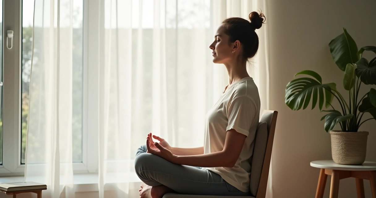 Persona sentada junto a una ventana haciendo una pausa de respiración 