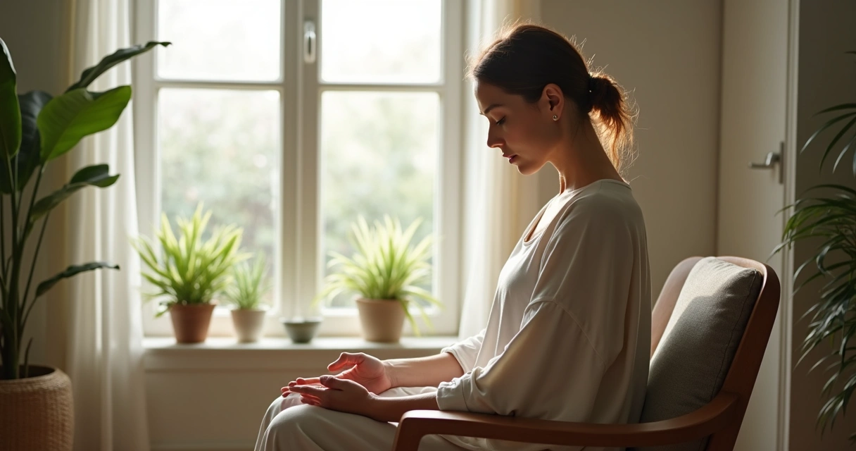 Persona sentada junto a una ventana haciendo una pausa consciente