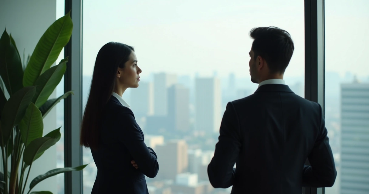 Pausa em conversa profissional, duas pessoas olhando pela janela 