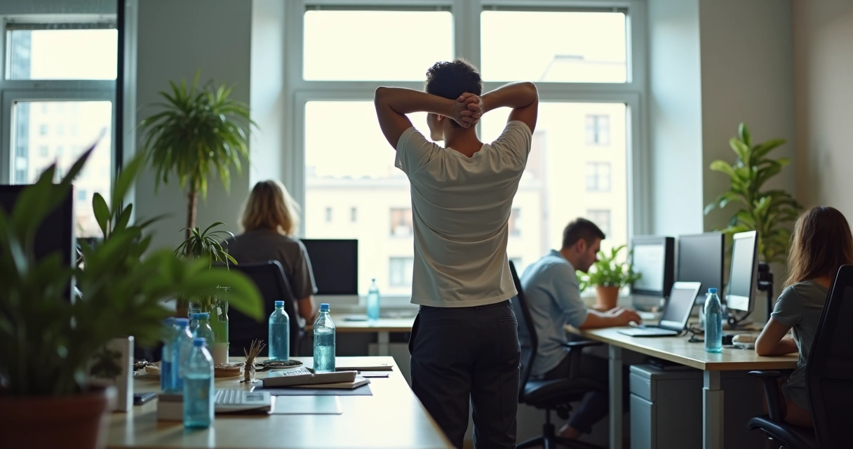 Profissional se alongando durante pausa no escritório 