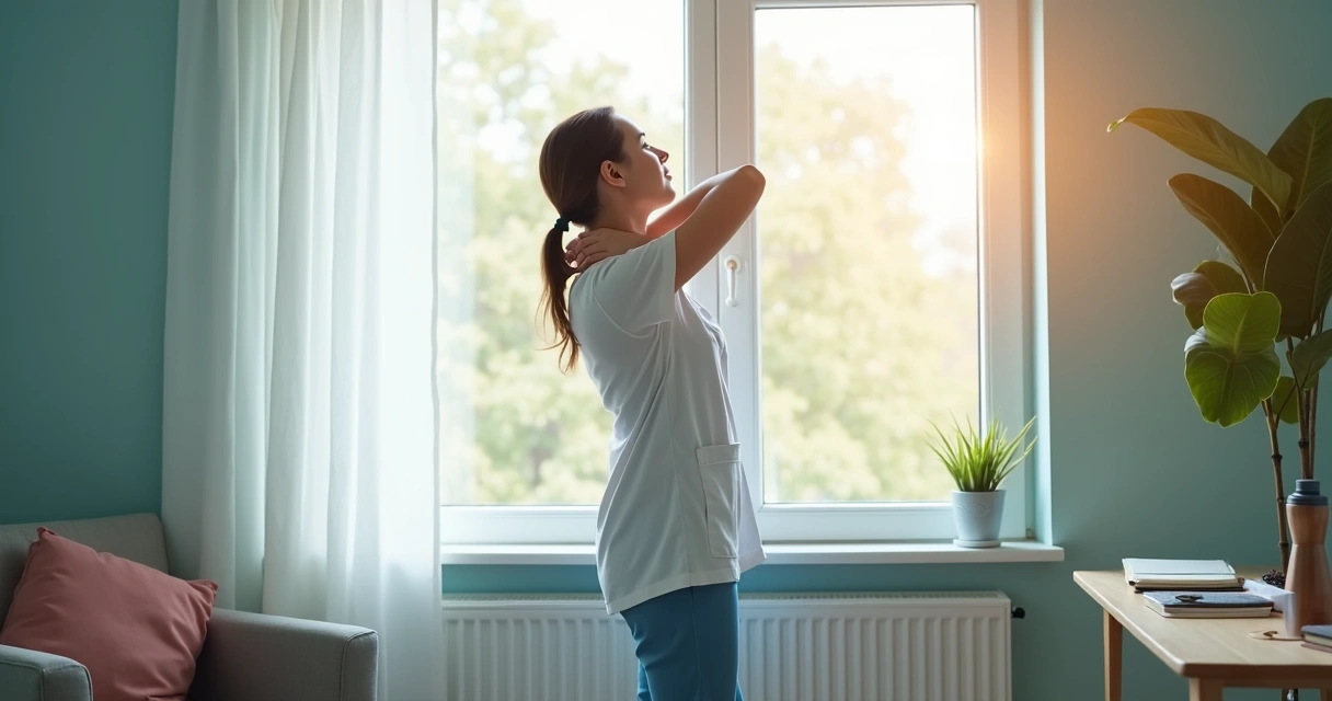 Persona cuidadora haciendo estiramientos junto a una ventana 