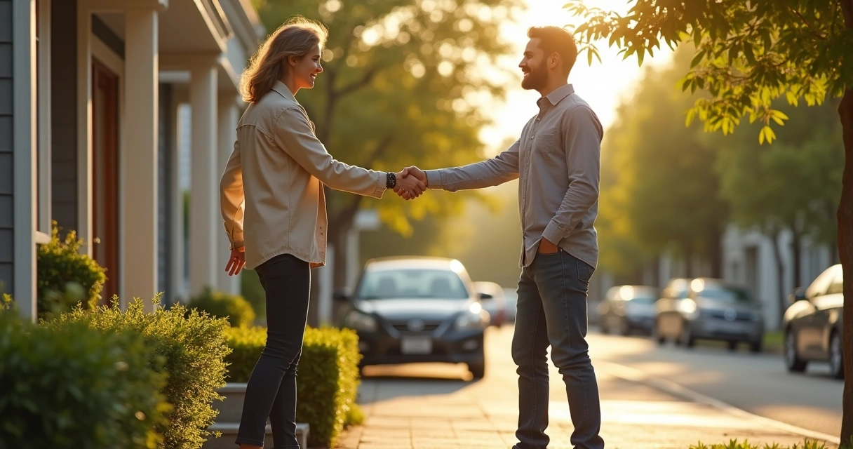 Pessoa cumprimentando vizinho na rua ao lado de árvores 