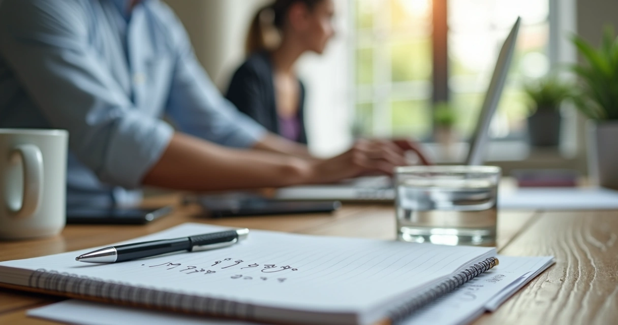 Mesa de trabalho com caderno, água e pausa breve entre tarefas 