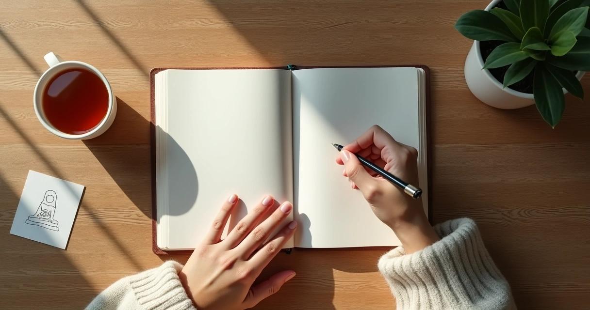 Persona escribiendo emociones en un cuaderno con té al lado 