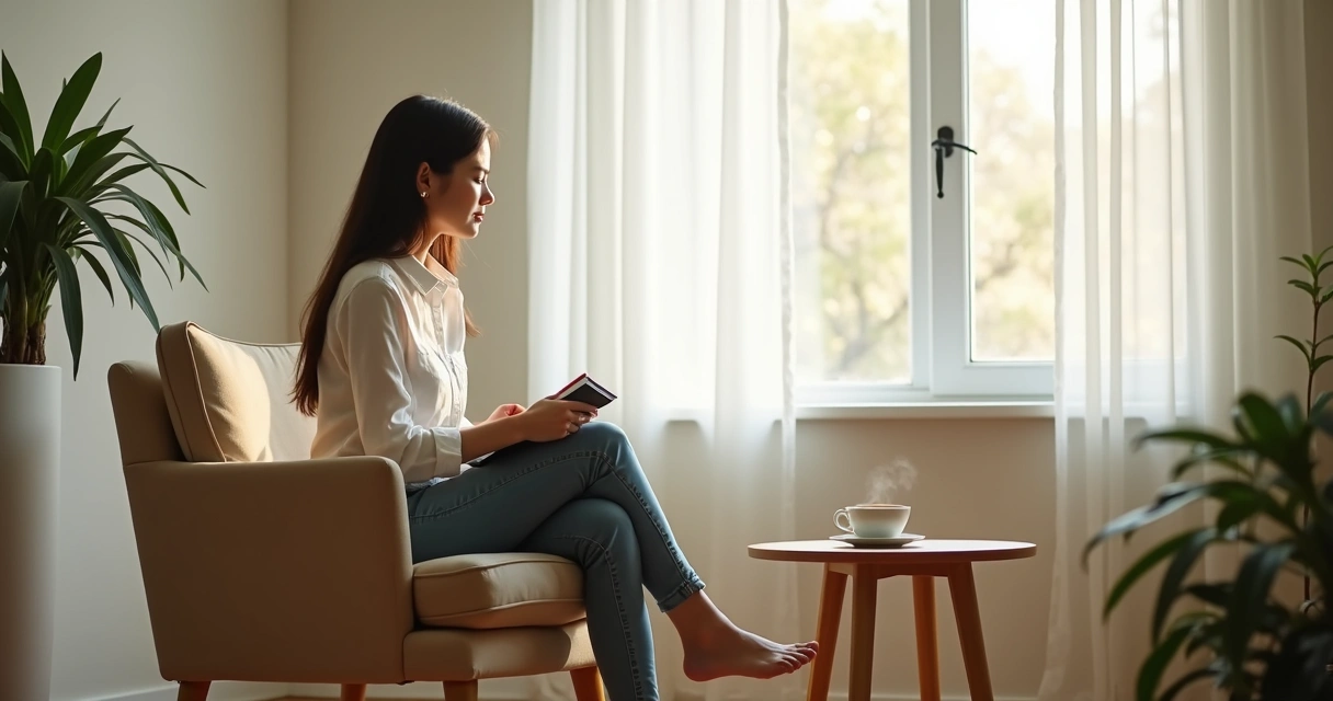 Pessoa sentada em silêncio com caderno e luz suave pela janela 