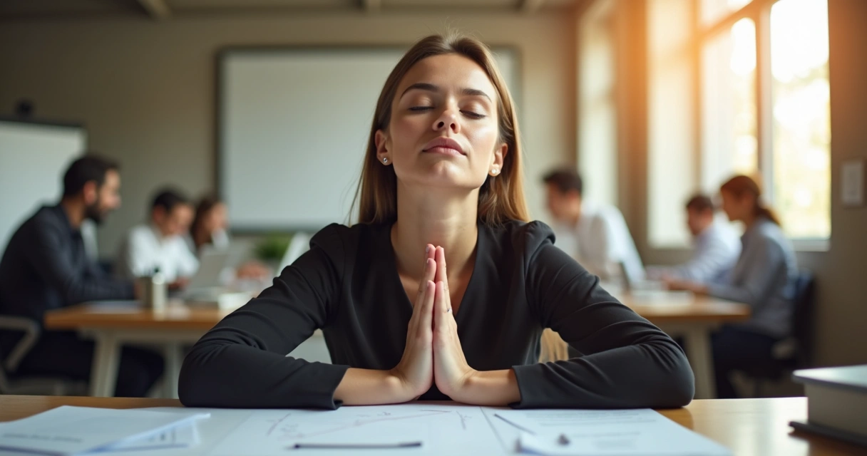 Pessoa respirando fundo antes de tomar decisão em ambiente de trabalho 