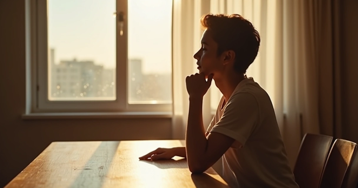 Persona sentada en una mesa con una mano levantada pensando antes de decidir, ambiente sereno y luz natural 