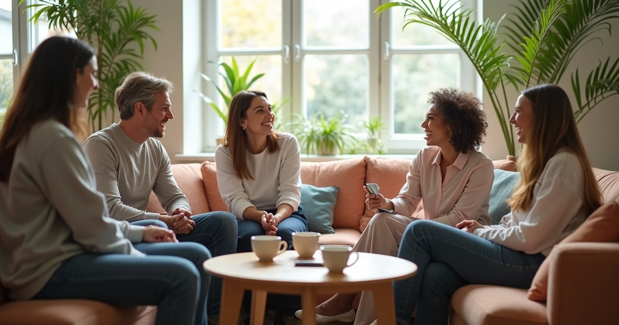 Colaboradores em área de descanso conversando e sorrindo.