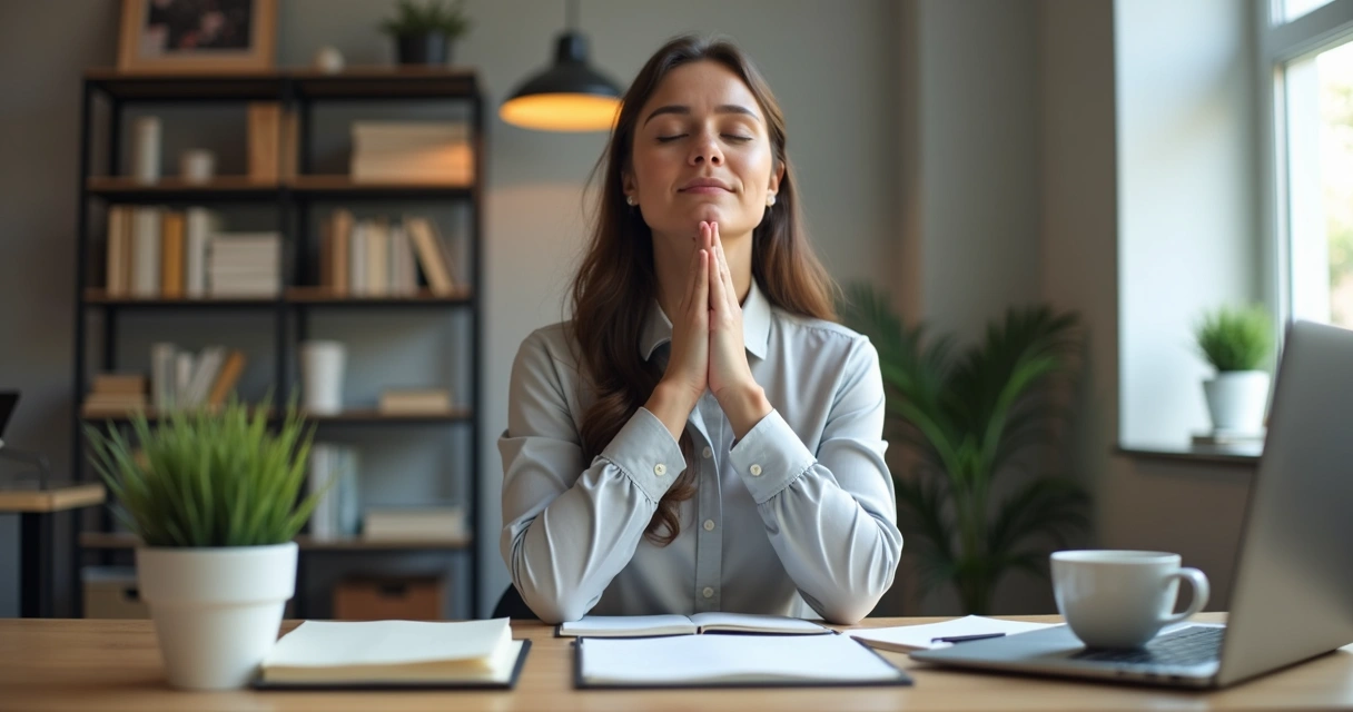 Pessoa sentada na mesa do escritório com expressão serena durante pausa 