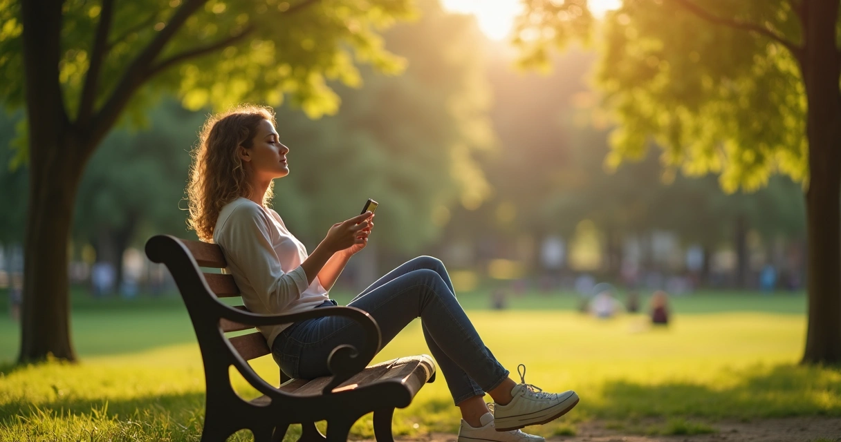 Pessoa sentada em um parque olhando o celular repousando ao seu lado