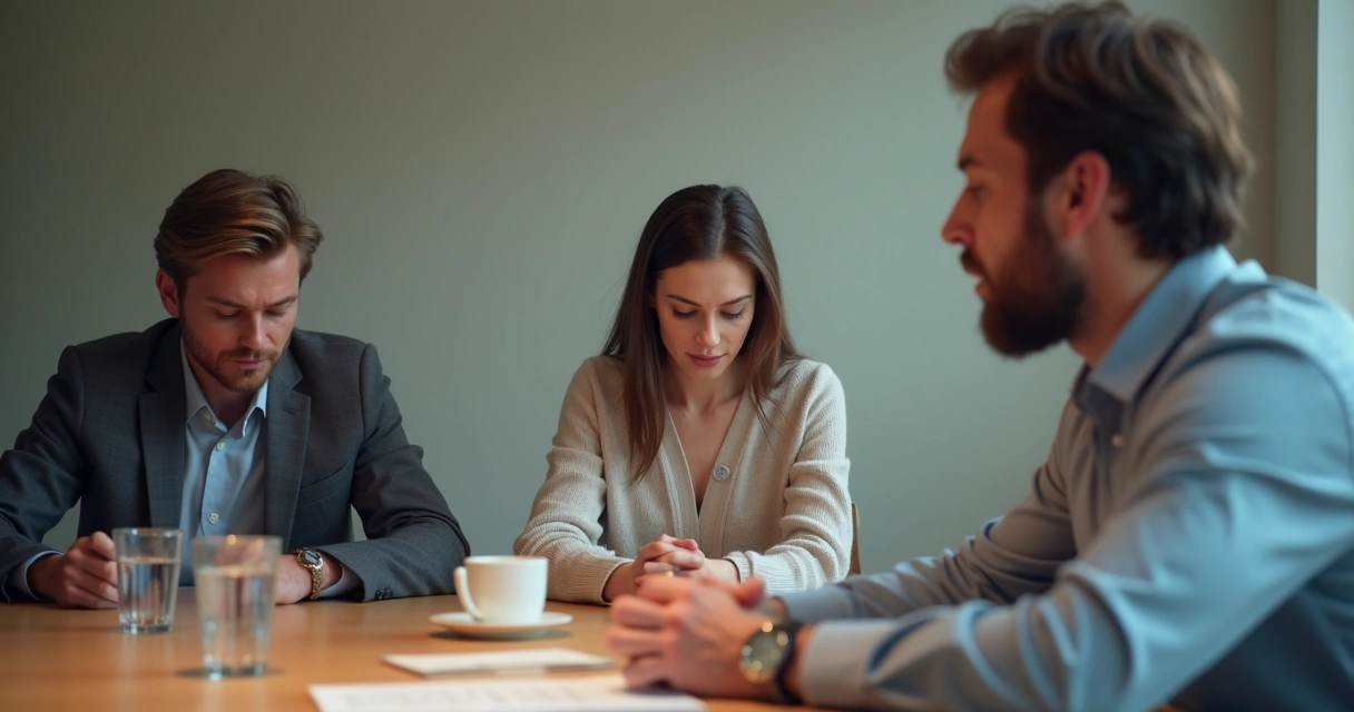 Três pessoas em reunião sentadas à mesa, respirando fundo e olhando para baixo, ambiente silencioso, luz suave 