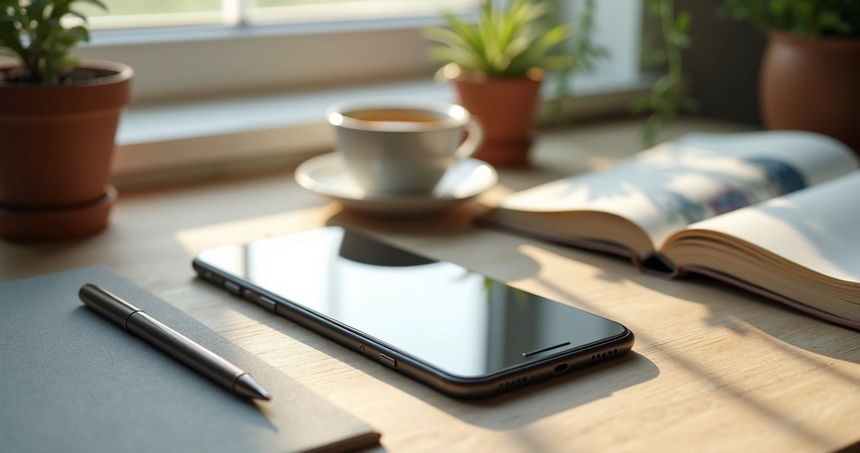 Mesa com celular virado, caderno e xícara em ambiente calmo 